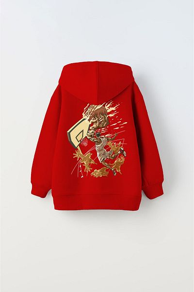 The Champ Clothing Унисекс детски суитшърт - с качулка, щампа с баскетболна топка от полар, червен