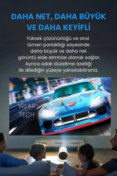 Weartech Taşınabilir Sinema Film Dizi Projeksiyon Cihazı Ev Sineması Dahili Android 11.0 & Bluetooth Destekli
