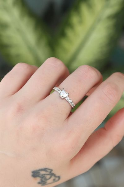 Skygo Brass Silver Color Adjustable Zircon Stone Minimal Heart Ring