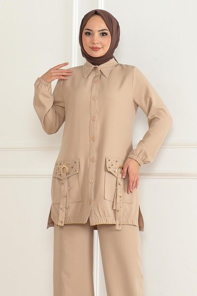 Modamihram Costum Bej 19229 - Detaliat Buzunar