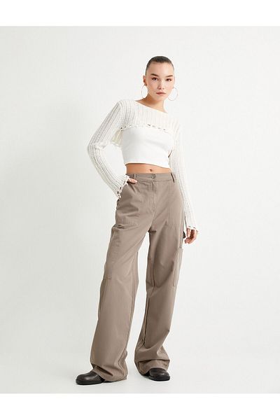 Koton Frayed Openwork Crop Sweater Long Sleeve Round Neck