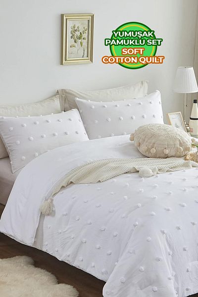 Evlen Home Collection مفرش سرير قطني منقوش من إيمي - طقم بوهو مزدوج مع تفاصيل توتنهام، أبيض كريمي