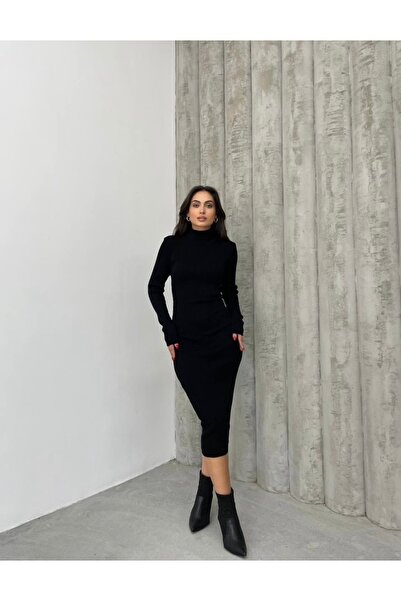 Die&More Rochie creion neagră cu gât rotic de damă, lungime midi, tricotaje c...