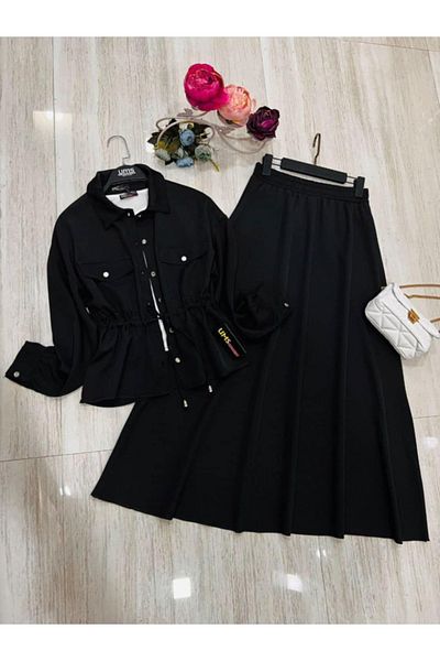 Zümrüt waist lace-up shirt collar, double pocket skirt set 1659