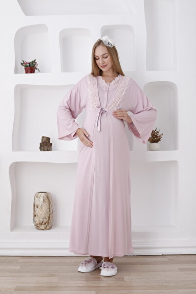 ERDENİZ TEKSTİL طقم ثوب نوم للحوامل/الرضاعة مع دانتيل وأزرار أمامية ورداء صباحي - شبشب وتاج هدية