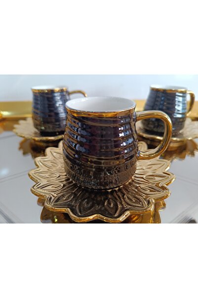 Gönül 6 kişilik siyah Gold çiçekli tabak kahve fincanı