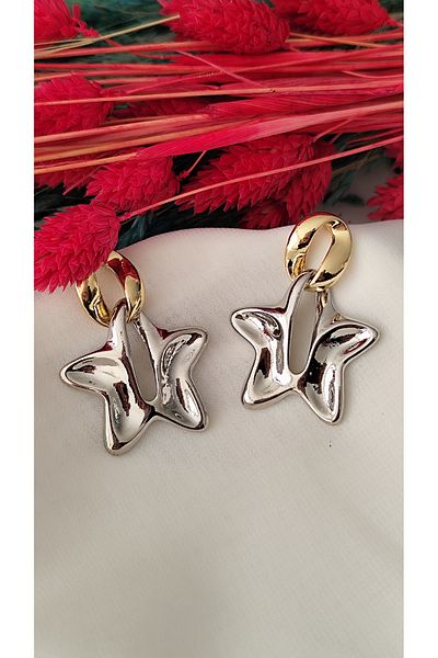 İPAR AKSESUAR Star Metal - Silver and Gold Colored Earrings