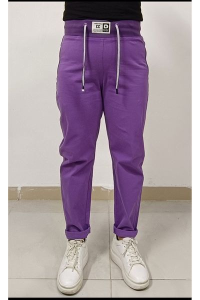 AKŞEN GİYİM Purple Color Cotton Pants with Large Size High Waist Waist Laces and Cramps Detail