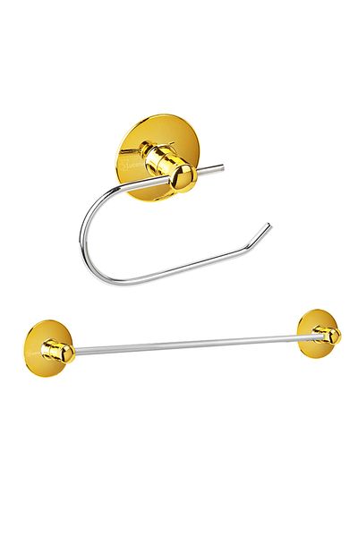Lucena Gold Chrome Adhesive Double Bathroom Accessory Set - Long Towel Holder - Toilet Paper Holder