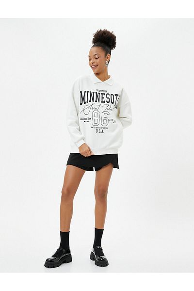Koton Polo Neck Sweatshirt Oversize College Themed Printed Cotton Blend