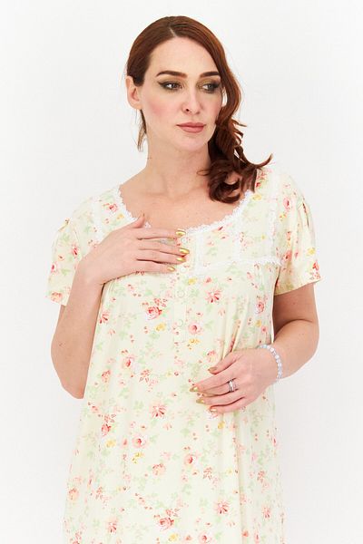 Not A Morning Person Women Floral Print Night Gown Sleepwear, Cream Combo