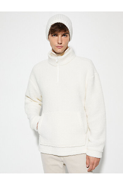 Koton Plüsch-Sweatshirt mit halblangem Reißverschluss und Stehkragentasche