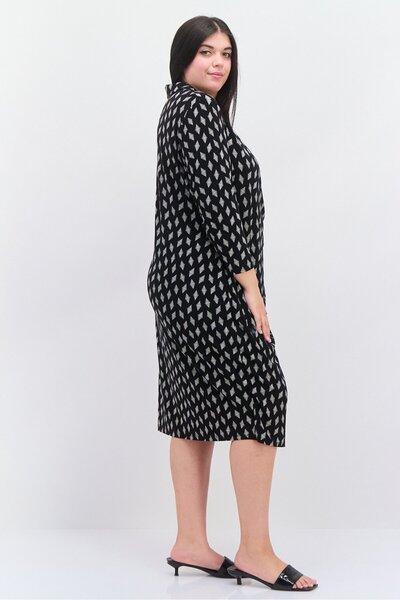 Anne Klein Women V Neck Long Sleeve Allover Print Midi Dress, Black