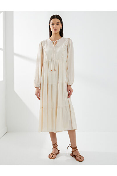 Koton Midi Viskon Elbise Balon Kol Bağlamalı Yaka