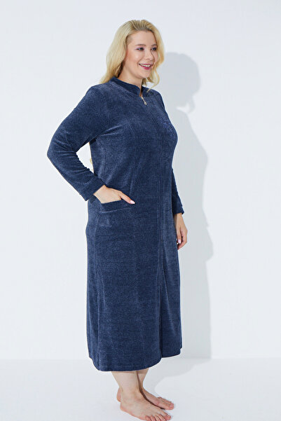 İntensive μπλε ναυτικό μακρυμάνικο κέντημα με φερμουάρ γυναικείο βαμβακερό βελούδινο φόρεμα