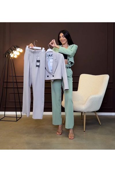 Natavanbutık Mint Green Crop Jacket and Pants Set