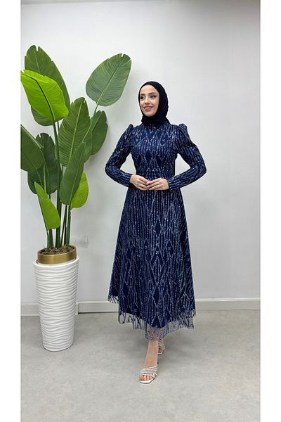 Trendy Butik Navy Blue Hijab Ayla Women's Evening Dress - Embroidered