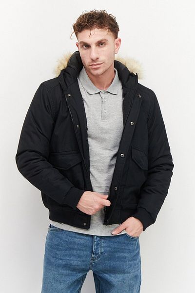 French Connection Men Faux Fur Hooded Plain Puffer Jacket, Black