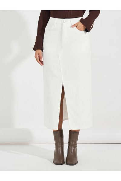 Styli High Rise Straight Hem Midi Skirt with Front Slit
