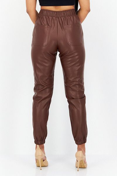 Weworewhat Women Solid Pull-on Leather Jogger Pants, Brown