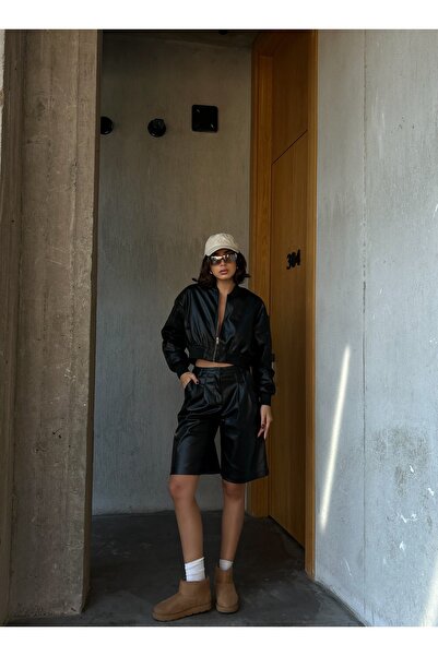 minaaise Kadın Siyah İçi Şardonlu Deri Bermuda Şort 28080