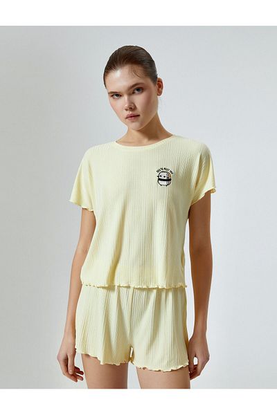 Koton Shorts Pajama Set Embroidered Ribbed Short Sleeve Modal