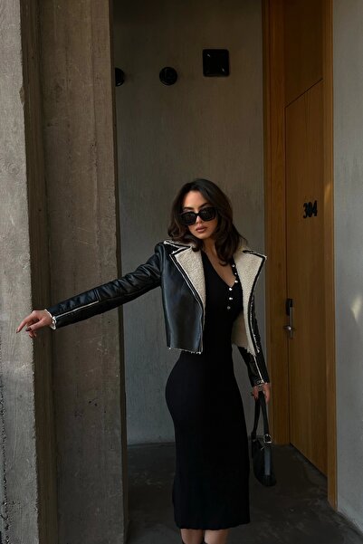 Eka Γυναικείο Μαύρο Crop Δερμάτινο Παλτό 1009-3001