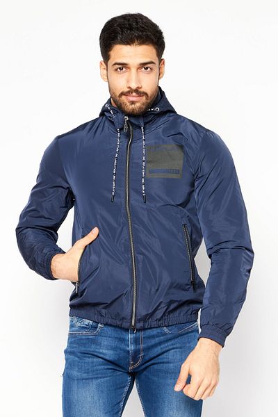 Replay Men Hooded Brand Logo Windbreaker Jacket, Navy Blue