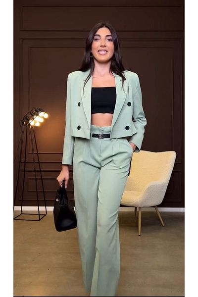 Natavanbutık Mint Green Crop Jacket and Pants Set