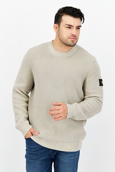 Lyle & Scott Men Crew Neck Ribbed Long Sleeve Printed Sweaters, Light Grey