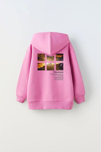 GIA - ART Pink Hooded Fleece Inside Mountain Printed Unisex Children's Sweatshirt