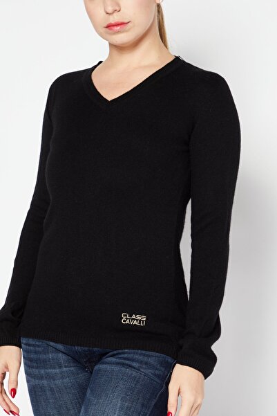 Cavalli Class Women V Neck Long Sleeve Brand Logo Sweater, Black