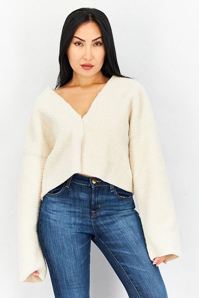 NA-KD Women V-Neck Long Sleeve Textured Sweater, Off White