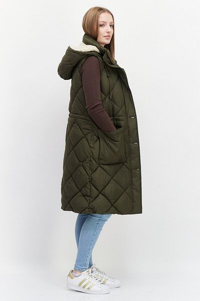 BCBG Women Hooded Sleeveless Quilted Long Vest, Dark Olive