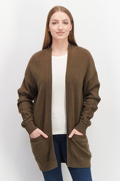 IKKS Women Split Neck Long Sleeve Textured Cardigans, Olive