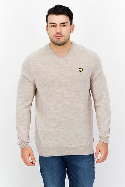 Lyle & Scott Men V-neck Long Sleeve Heather Sweater, Heather Beige