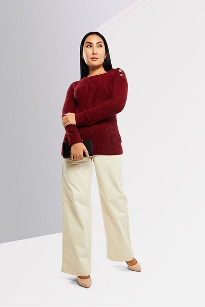 IKKS Women Round Neck Knitted Long Sleeve Sweater, Maroon
