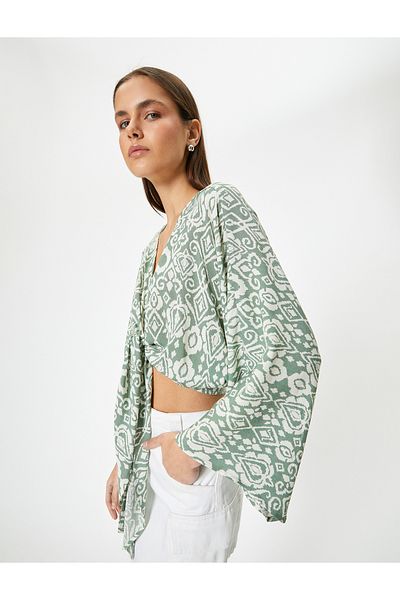 Koton Kimono Short Double Breasted Front Tie Ethnic Pattern Wide Long Sleeve