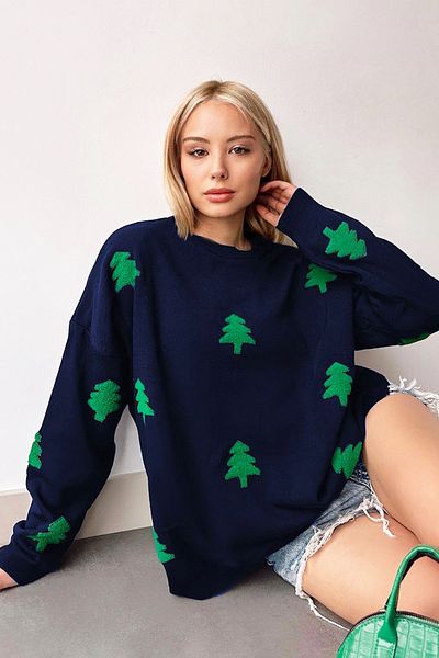 VAGGON Navy Blue Tree Print Knitwear Dress for Women - Crew Neck Prm1343