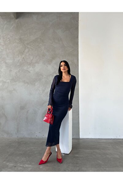 NFES TEKSTİL Kare Yaka Drapeli Sade Tül Elbiseler