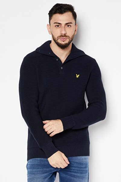 Lyle & Scott Men Spread Collar Long Sleeve Knitted Sweater, Dark Navy