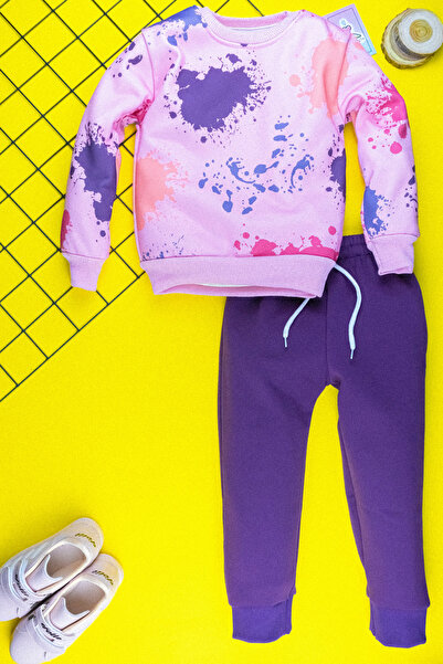 Yalçınoğlu Şardonlu 3 İplik Konforlu ve Şık Kız Çocuk Sweatshirt Takım - Boyalı Eğlenceli Desen 3-9 Yaş
