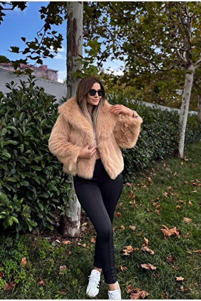 Daves Dámský volný kabát s podšívkou z vousaté kožešiny-prášek