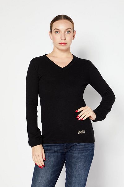 Cavalli Class Women V Neck Long Sleeve Brand Logo Sweater, Black