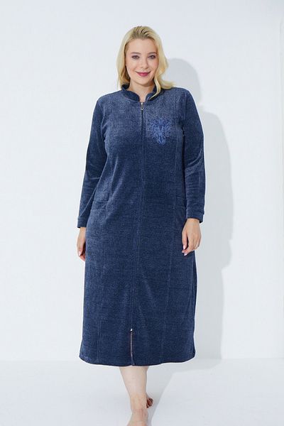 İntensive Navy Blue Long-Sleeved Zipper Embroidery Women's Plus Size Cotton Velvet Dress