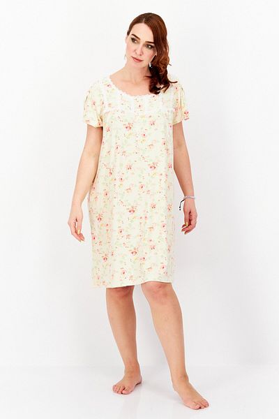 Not A Morning Person Women Floral Print Night Gown Sleepwear, Cream Combo