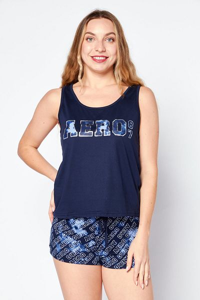Aeropostale طقم ملابس نوم وشورت نسائي باللون الأزرق الداكن - قطعتان مع شعار العلامة التجارية