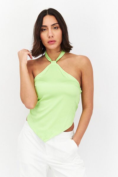 Royalty By Maluma Women Halter Neck Sleeveless Solid Satin Top, Lime Green