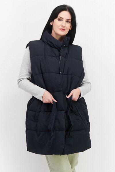 French Connection Women Belted Quilted Puffer Jacket Vest, Dark Navy