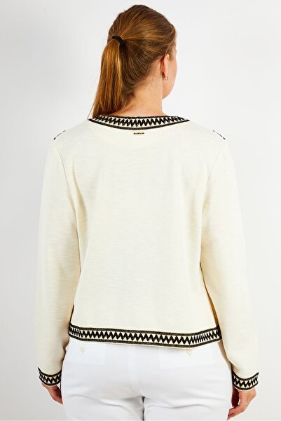 ONE STEP Women Split Neck Embroidered Cardigan, Cream